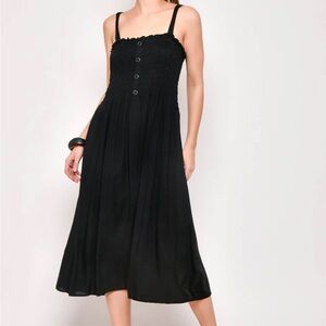 Black Smocked Sundress with Buttons